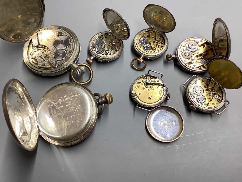 Two pocket watches including a 935 standard hunter, three white metal fob watches and two wrist watches.
